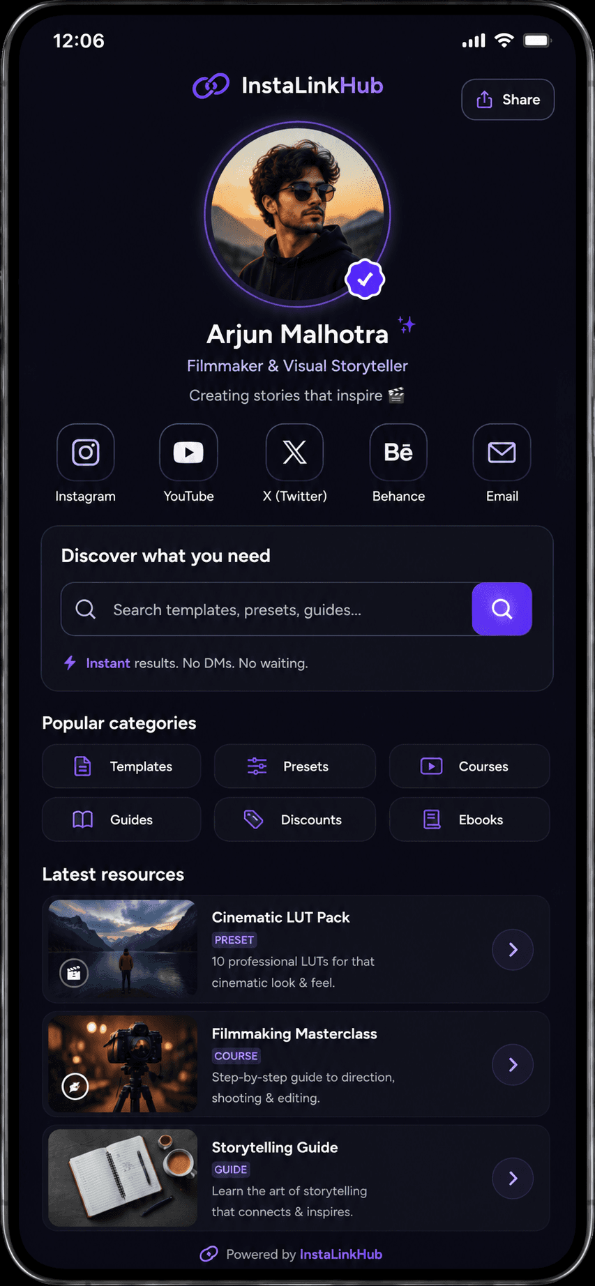 A creator's InstaLinkHub page